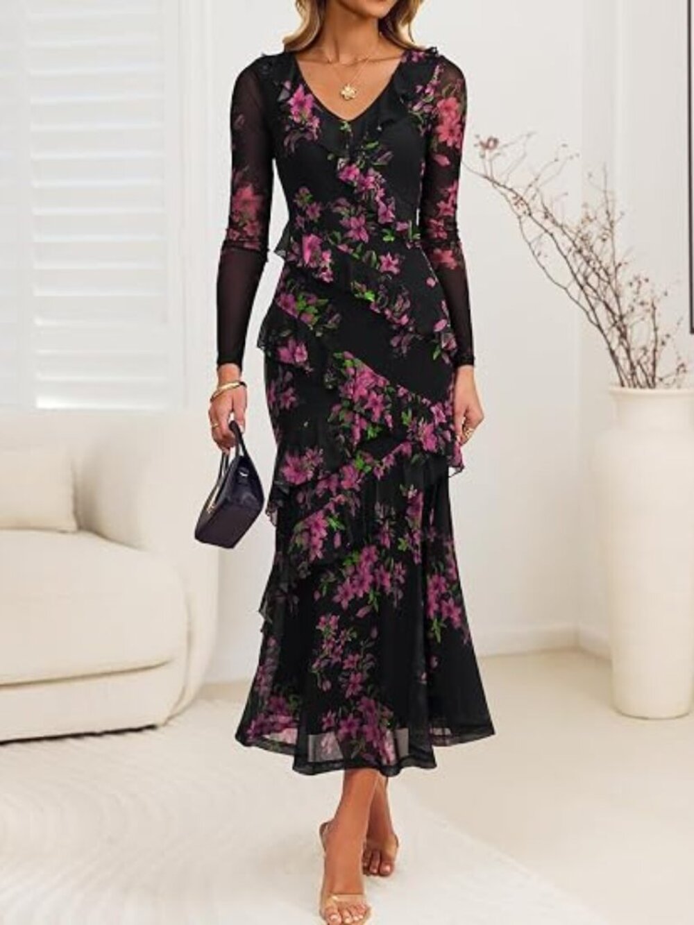 Wedding Guest Dresses for Women Fall Long Sleeve Floral Maxi Dress